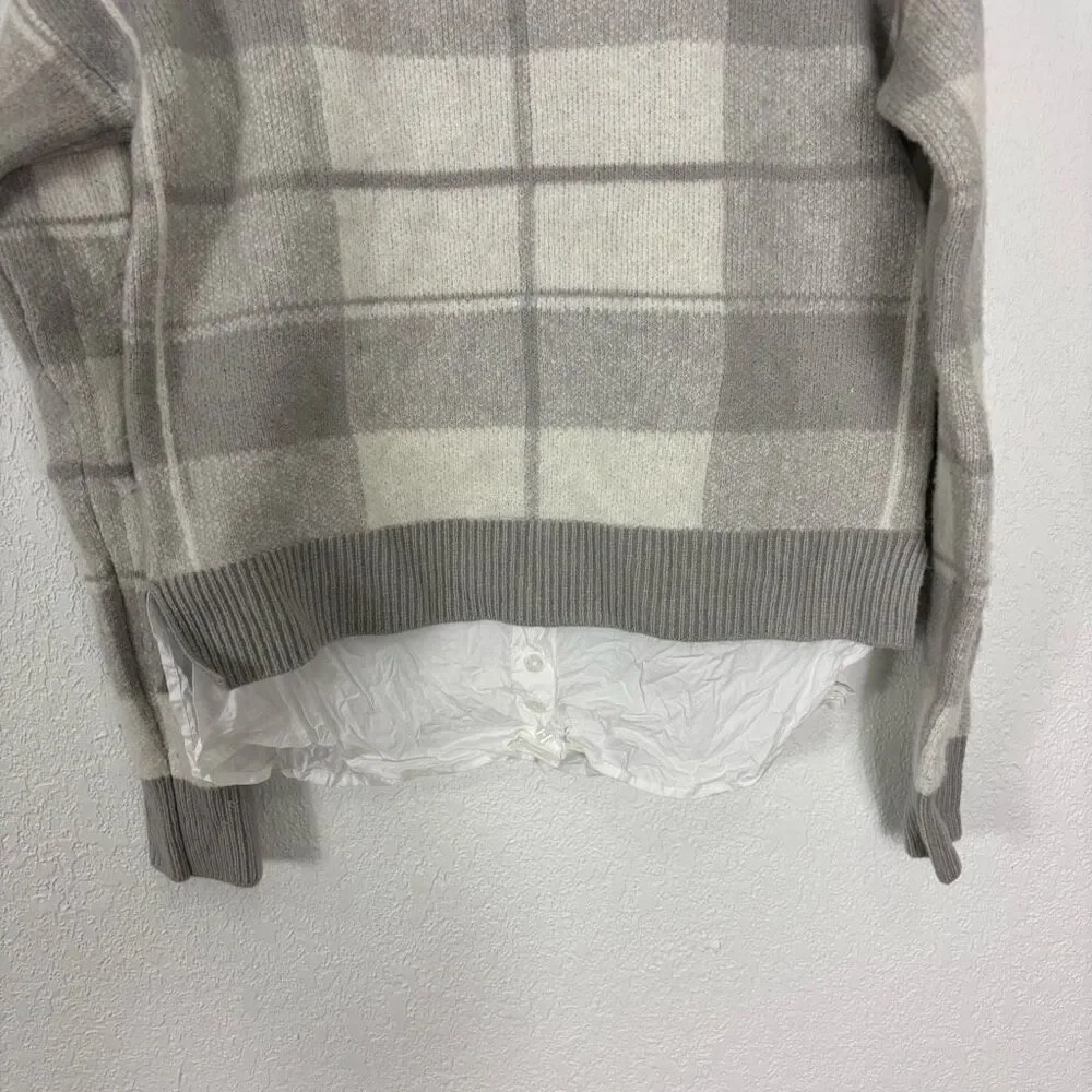 Anthropologie Grey and White‎ Plaid Fleece Sweater w/ White Button Up Under XS